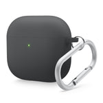 Black AirPods 4 generation case with carabiner, featuring MagSafe compatibility. Durable and stylish AirPods 4 case cover for maximum protection and convenience.