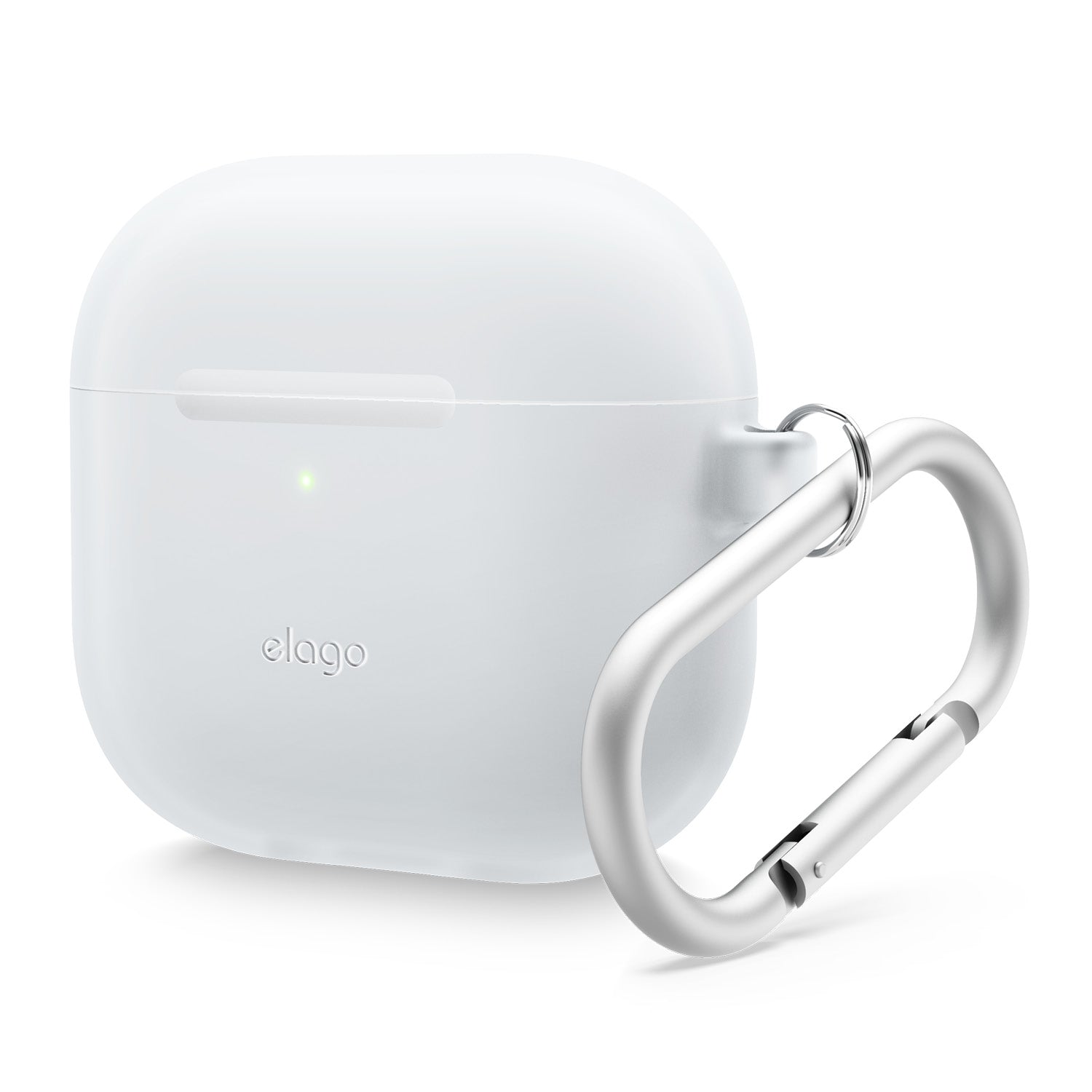 Minimalistic silicone cover for AirPods 4 with carabiner attachment. Durable AirPod 4 cover case for easy portability and protection.