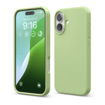 Light green premium silicone case for iPhone 16. One of the best cases for iPhone 16, combining stylish design with durable protection. Perfect for those seeking high-quality iPhone 16 Apple cases or a sleek iPhone 16 case cover.
