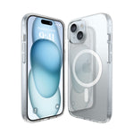 Clear phone case for iPhone 15, offering sleek and minimalistic protection. This iPhone 15 case with a card holder combines functionality with style, and also features a magnetic design for secure charging.