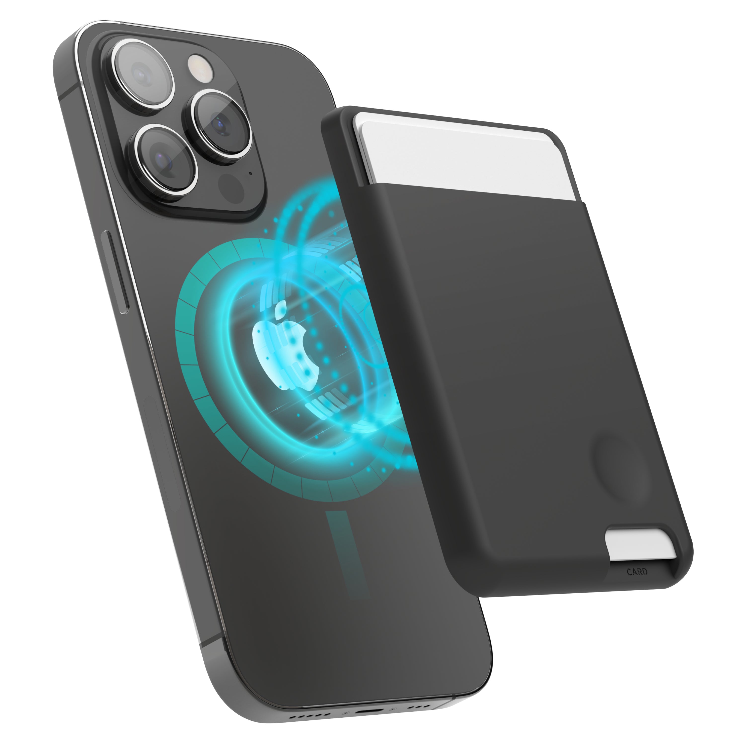 Hand holding an Apple gift card alongside a sleek magnetic card holder for phone, compatible with Apple devices for secure card storage.