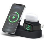 Versatile charging stand for iPhone and Apple Watch and AirPods, sleek iPhone AirPods and Apple Watch charging stand, and efficient wireless charging stand for iPhone, Apple Watch, and AirPods.