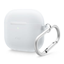 Minimalistic silicone cover for AirPods 4 with carabiner attachment. Durable AirPod 4 cover case for easy portability and protection.