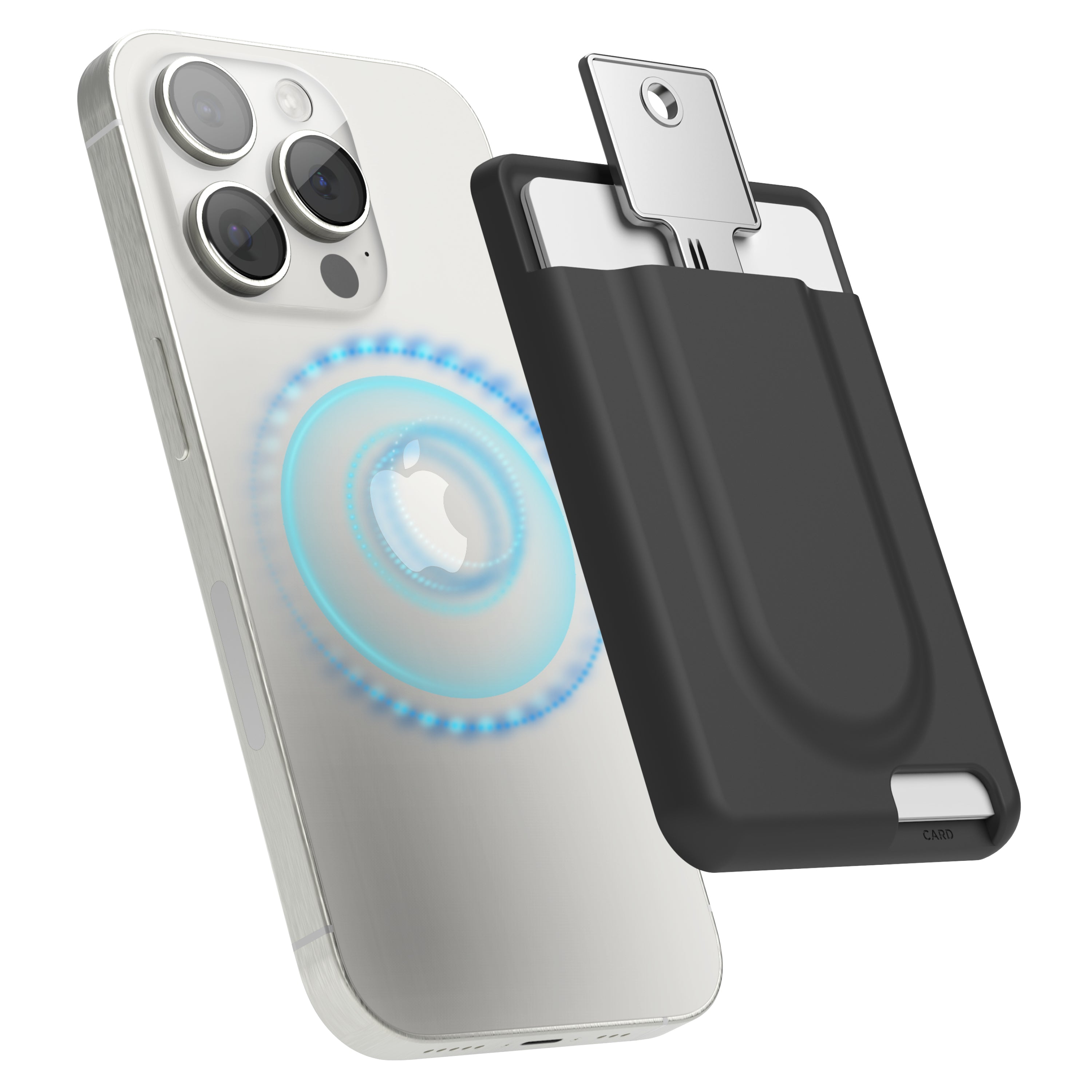 Compact Apple MagSafe credit card holder alongside a sleek Apple AirTag holder for keys, perfect as a tiny key fob with secure key tracking capabilities.