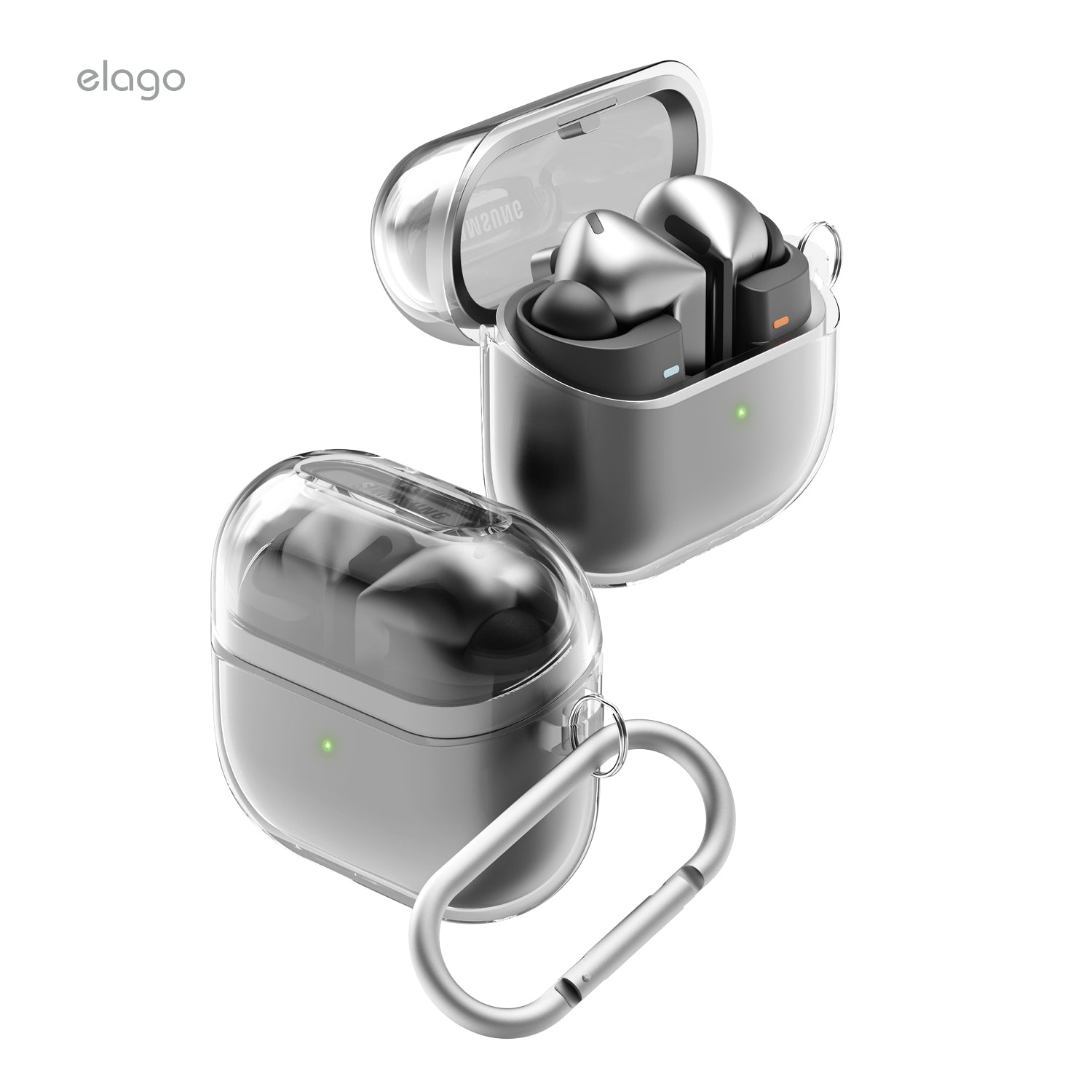 Galaxy Buds Pro 3 charging case with transparent protective design, featuring a carabiner for portability. A sleek and cute case for Galaxy Buds 3 Pro, ensuring secure protecti
