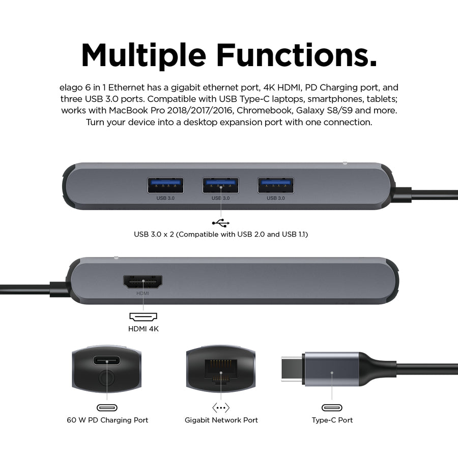 USB C Hub, 1G Ethernet & 3 x USB 3.0, Durable Aluminum