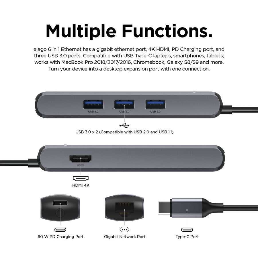 6 in 1 Ethernet / HDMI Multi Hub USB-C